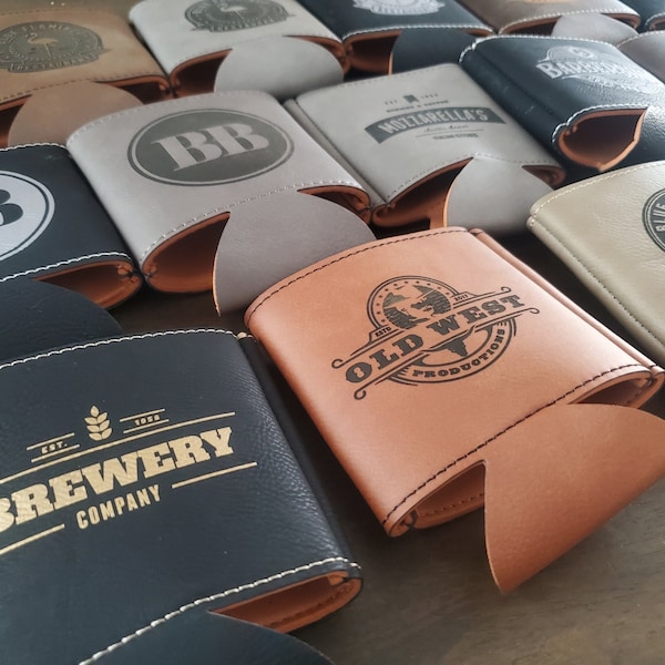 Custom Logo Beverage Holder, Engraved Leatherette Can Cooler Holder With Your Logo