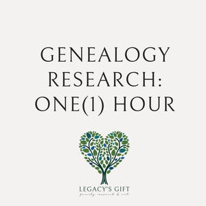 May include: A white graphic featuring the black text GENEALOGY RESEARCH: ONE(1) HOUR. Below the text is a heart-shaped tree illustration with green and blue leaves and a brown trunk. At the bottom, the text LEGACY'S GIFT family research & art appears.