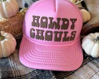 Howdy Ghouls Trucker Hat, Ghouls Hat, Happy Halloween, Halloween Trucker Hats, Funny Halloween, Cowboy Hat, Cowboy Trucker, Mom Trucker Hat