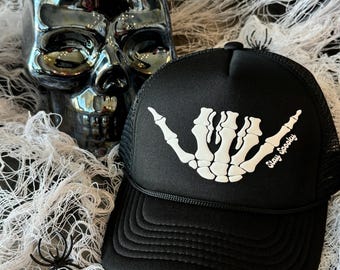 Hang Loose Bones Skelton Hand Hat, Happy Halloween, Halloween Hats, Halloween Trucker Hats, Glow in the Dark Trucker Hat, Mom Trucker Hat