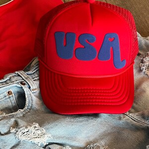 USA 4th of July Trucker Hat, USA, 4th of July, July 4th 1776, American made, Patriotic Hat, Olympics, Women's Trucker Hat, Election Hat Red with Royal Blue