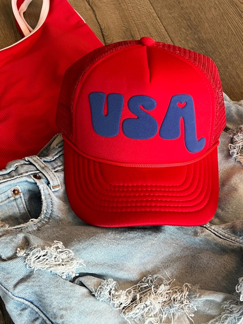 USA 4th of July Trucker Hat, USA, 4th of July, July 4th 1776, American made, Patriotic Hat, Olympics, Women's Trucker Hat, Election Hat Red with Royal Blue