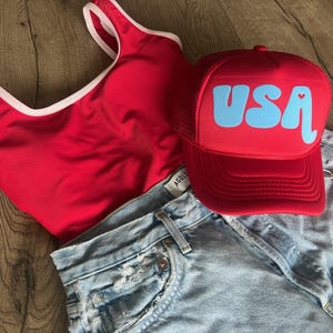 USA 4th of July Trucker Hat, USA, 4th of July, July 4th 1776, American made, Patriotic Hat, Olympics, Women's Trucker Hat, Election Hat Red with Light Blue