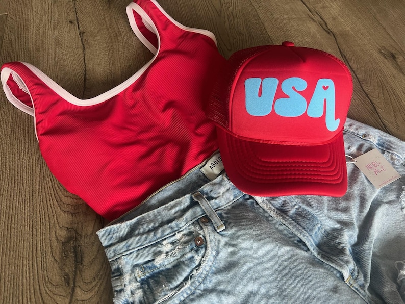 USA 4th of July Trucker Hat, USA, 4th of July, July 4th 1776, American made, Patriotic Hat, Olympics, Women's Trucker Hat, Election Hat Red with Light Blue