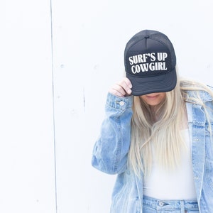 Surf&#39;s Up Cowgirl Trucker Hat, Summer Trucker Hat, Beach Trucker Hat, Beach Vacation, Lake Days, Beach Days, Beach Outfit, Beach Trucker Hat