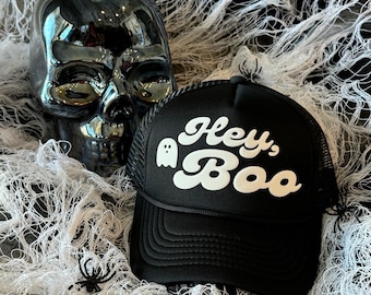 Hey Boo Trucker Hat, Happy Halloween, Halloween Hats, Halloween Trucker Hats, Funny Halloween, Spooky Trucker Hat, Mom Trucker Hat