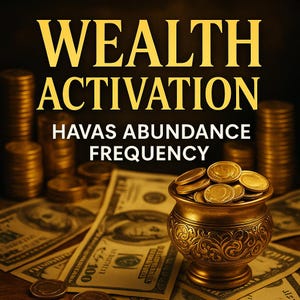 May include: Image features stacks of gold coins, US $100 bills, and a decorative gold pot overflowing with coins. The text "WEALTH ACTIVATION HAVAS ABUNDANCE FREQUENCY" is displayed in gold lettering against a dark background.