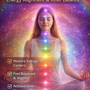 Op de afbeelding: Afbeelding ter bevordering van chakra-balans. Een persoon mediteert met een regenboog van gekleurde lichten uitgelijnd langs het lichaam. Tekst luidt "Chakra Balancing Ritual" en "Energy Alignment & Inner Balance". Extra tekst benadrukt voordelen: "Restore Energy Centers", "Feel Balanced & Aligned" en "Achieve Inner Harmony".
