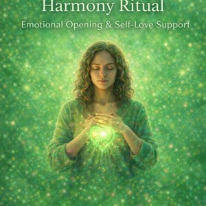May include: An image with the text "Heart Chakra Harmony Ritual" and "Emotional Opening & Self-Love Support." A person with closed eyes and hands over their chest, with a glowing green heart shape. The background is a green, starry design.