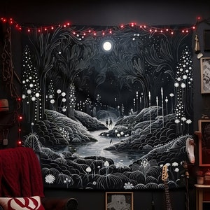 Twilight Canopy: Aesthetic Dark Sky Tapestry Embrace Spiritual Night Forest Full Moon wall hanging Fairy Landscape Art Home Decoration gift