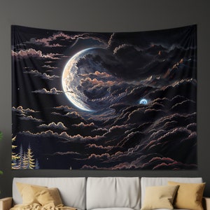 Celestial Dance of Nightfall: Luminous Moonrise over Mountain Cloudscape, Enigmatic Night Sky Aesthetics Colored Tapestry, Ethereal Wall Art