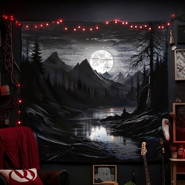 Moonlit Serenade by Mountain Waters: Lonely Silhouette, Enigmatic Full Moon over Serene Lake Tapestry, Starlit Pine Forest Wall Art Decor