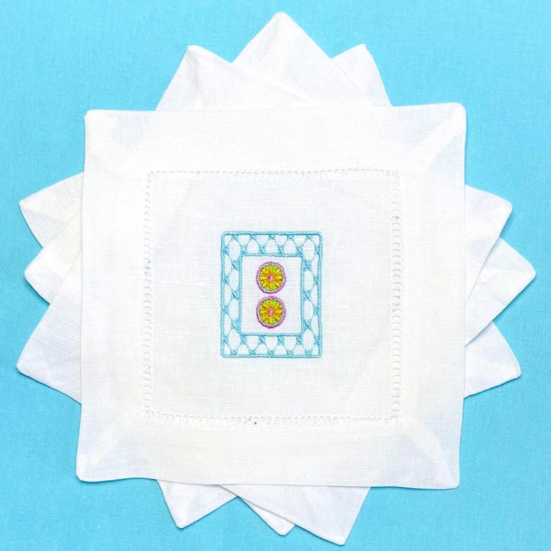 Embroidered Mahjong Tiles Linen Cocktail Napkins - Set of 6 image 4