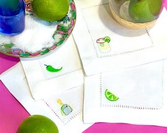 Margarita Linen Cotton Blend Cocktail Napkins - Embroidered Bar Cart Decor, Set of 4
