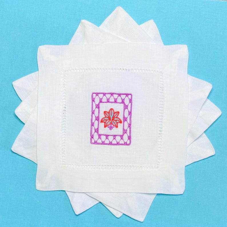 Embroidered Mahjong Tiles Linen Cocktail Napkins - Set of 6 image 3