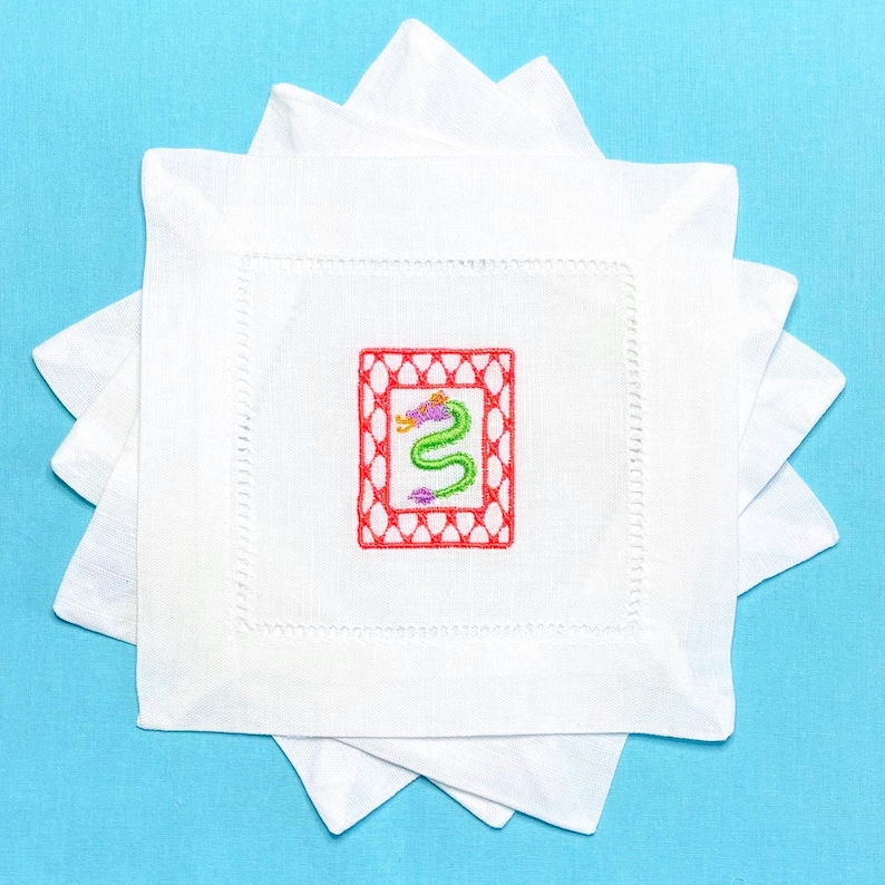 Embroidered Mahjong Tiles Linen Cocktail Napkins - Set of 6 image 7