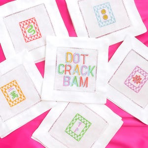 Embroidered Mahjong Tiles Linen Cocktail Napkins - Set of 6