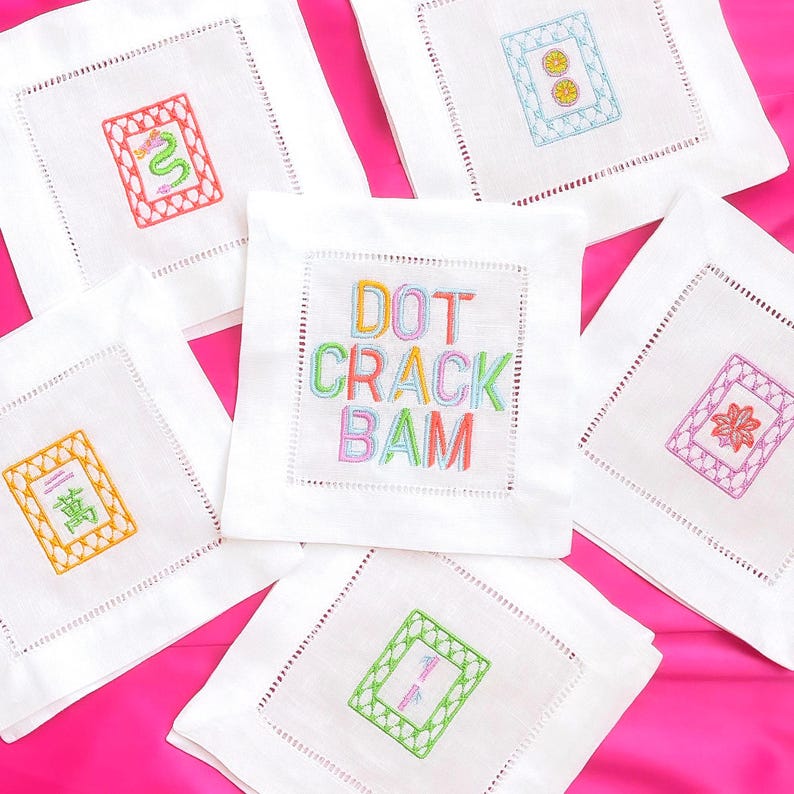 Embroidered Mahjong Tiles Linen Cocktail Napkins - Set of 6 image 1