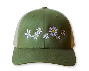 Embroidered Daisy Trucker Hat, Green Tan Snapback, Floral Nature Design