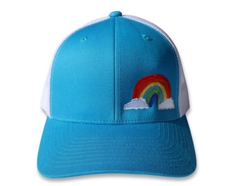 Embroidered Rainbow Trucker Hat, Blue Vintage Style Snapback