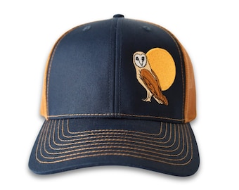 Embroidered Owl Trucker Hat, Nature Lover Gift, Navy Caramel Snapback