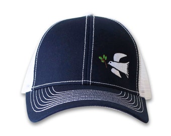 Embroidered White Dove Trucker Hat, Blue Retro Sun Cap