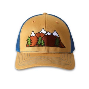 Mountain Trucker SnapBack Hat, Tan/Blue, Quality Hand Drawn Embroidered, Nature Gifts for him/her, Outdoor Adventure, Hiking Trail Running