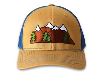 Embroidered Mountain Trucker Hat, Tan and Blue, Nature Snapback