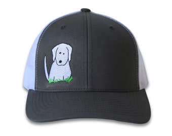 White Dog Trucker Hat, Charcoal/White SnapBack, Hand Drawn Embroidered, Cute Pet Gifts, Positive Message, Animal Terrier Lover, Dog Mom/Dad