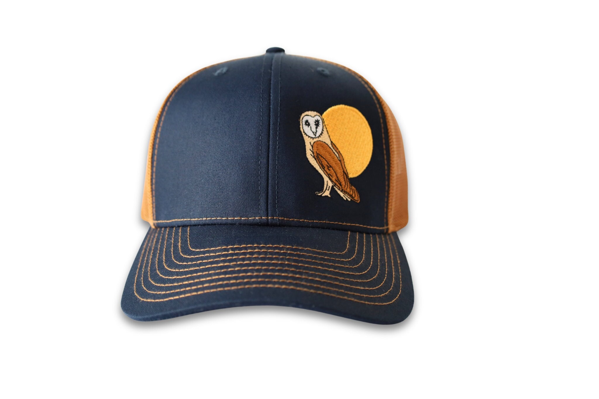 Owl Moon Trucker Hat, Navy/Caramel SnapBack, Hand Drawn Embroidered, Gifts for Animal Nature Lover, 