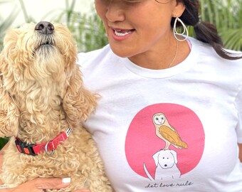 Let Love Rule T-shirt, Owl and Dog Graphic, Soft Bella Canvas