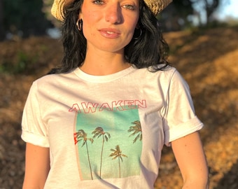 Awaken Tropical Beach T-shirt, Positive Spiritual Quote