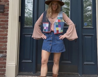 Chaleco de patchwork hecho a mano: ropa vintage reciclada, estilo bohemio occidental