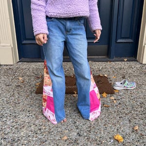 bell bottom jeans, patchwork jeans, upcycled designer jeans, custom bell bottom jeans