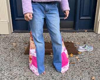 bell bottom jeans, patchwork jeans, upcycled designer jeans, custom bell bottom jeans