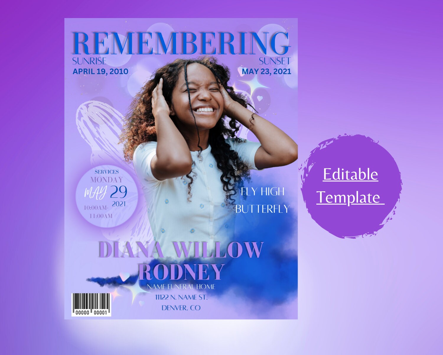 Magazine Themed Obituary Funeral Program Purple & Blue Obituary 8 Page Magazine Themed Obituary Funeral Program Purple & Blue Obituary 8 Page
