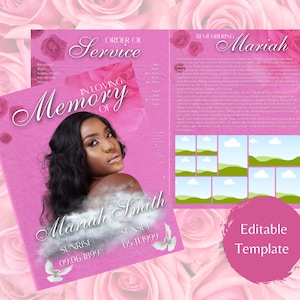 17&quot;x11&quot; Pink Rose Booklet Obituary Template| Pink Funeral  Program| Obituary Template| Elegant Obituary Template| Canva Template