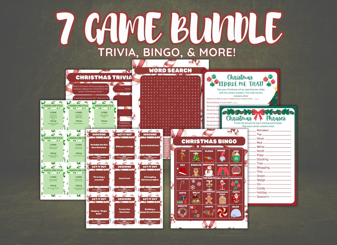 7 Christmas Games Bundle Christmas Party Games Christmas Card Games