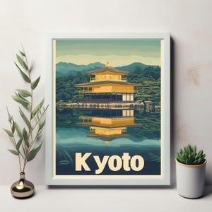 Vibrant Golden Temple in Kyoto - A Serene Vintage Travel Poster Illustration of Kinkaku-ji Reflected in Tranquil Waters