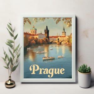 Vintage Prag Reiseplakat - Gelassener Fluss, ikonische Karlsbrücke und üppige Landschaft - Ein nostalgischer digitaler Kunstdruck