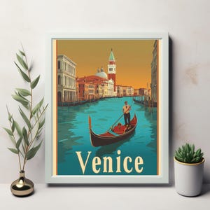 Venecia: ilustración de un cartel de viaje antiguo que muestra la serenidad de una góndola en los icónicos canales de Venecia con una hermosa arquitectura