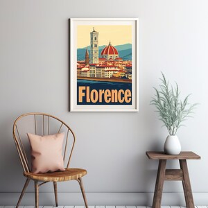 Florencia: una ilustración de un cartel de viaje antiguo que muestra una arquitectura icónica y colinas serenas