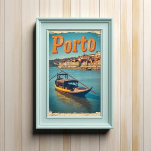 Vintage Porto Reiseplakat - Serene Flussszene mit bunten Gebäuden und traditionellem Boot