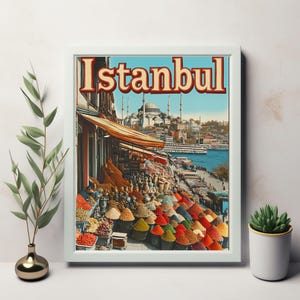 Scène de marché animée d'Istanbul avec des épices et une ligne d'horizon emblématique - Une esthétique nostalgique de carte postale vintage