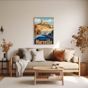 Affiche de voyage vintage Marseille France en téléchargement numérique, art mural pittoresque de la ville méditerranéenne, décor imprimable, oeuvre d'art côtière européenne
