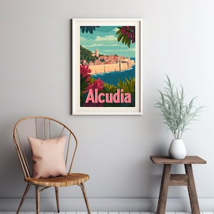 Explora Alcudia: una vibrante escapada costera en Mallorca: arte digital inspirado en carteles de viajes antiguos