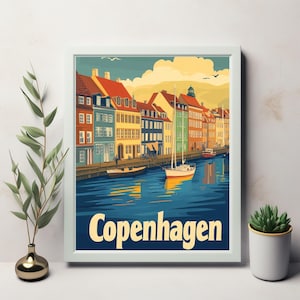 Vibrante paisaje costero de Copenhague: edificios coloridos, barcos y un cielo sereno: póster de viajes vintage
