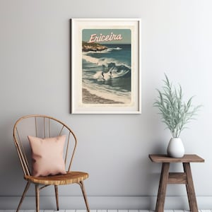 Scena di surf d'epoca a Ericeira - Una splendida città costiera in Portogallo - Arte delle cartoline retrò