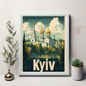 Kiev: una ilustración de un cartel de viaje antiguo que muestra una arquitectura icónica y cúpulas doradas en un paisaje sereno