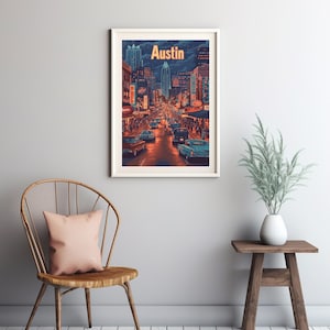 Impresión artística con estilo de póster de viaje clásico con vibrante paisaje nocturno retro de Austin, con autos antiguos y luces de neón